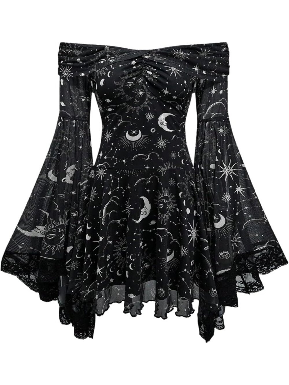 Women's Grey Long Bell Sleeve Gothic Print Off The Shoulder Short Dress